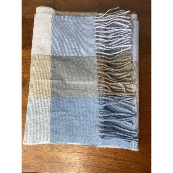 Cashmere Scarf Made in Germany Blue Grey Tan Plaid Fringe Wrap - Picture 1 of 5